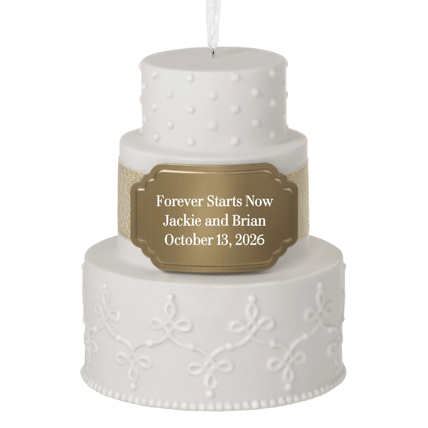 Wedding Cake Ceramic Personalized Ornament, Custom Text